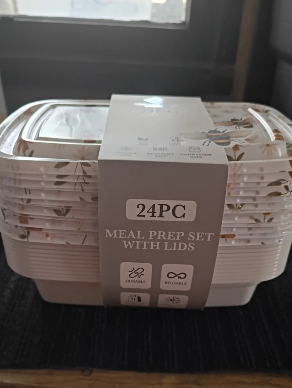 24PC Floral Meal Prep Set with Lids - White & Gold Accents